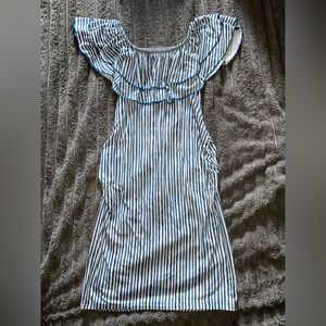 Maternity Off the Shoulder Striped Blue and White Midi Dress